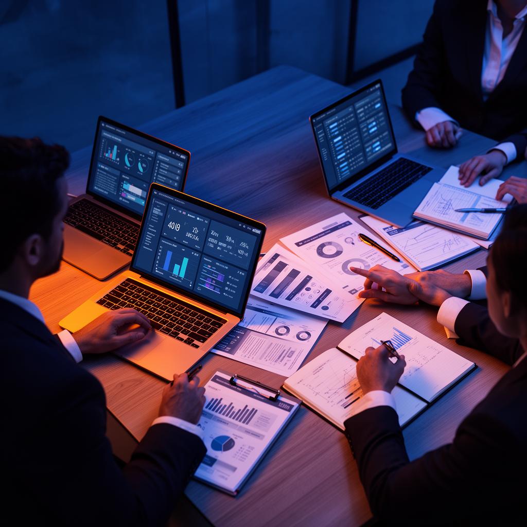 Reunião estratégica de negócio com dashboards e análise de indicadores